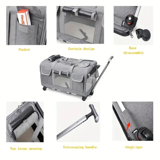 Foldable Travel Carrier with Detachable Wheels for Large Cats & Dogs