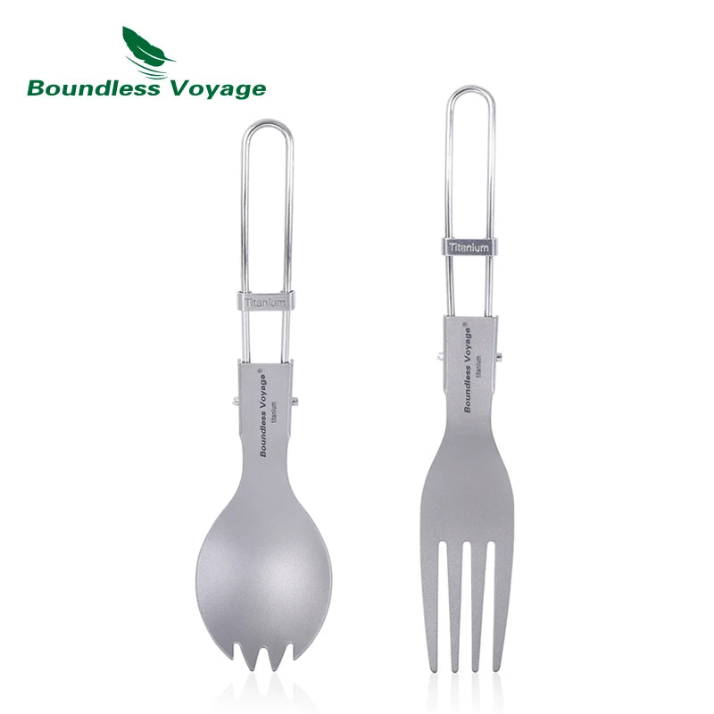 Load image into Gallery viewer, Titanium Folding Spork Fork Spoon Set | Camping Cutlery | Lightweight Outdoor Flatware Kit
