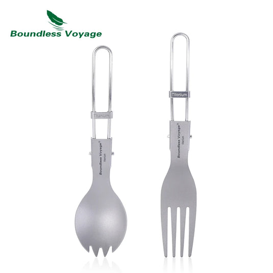 Titanium Folding Spork Fork Spoon Set | Camping Cutlery | Lightweight Outdoor Flatware Kit
