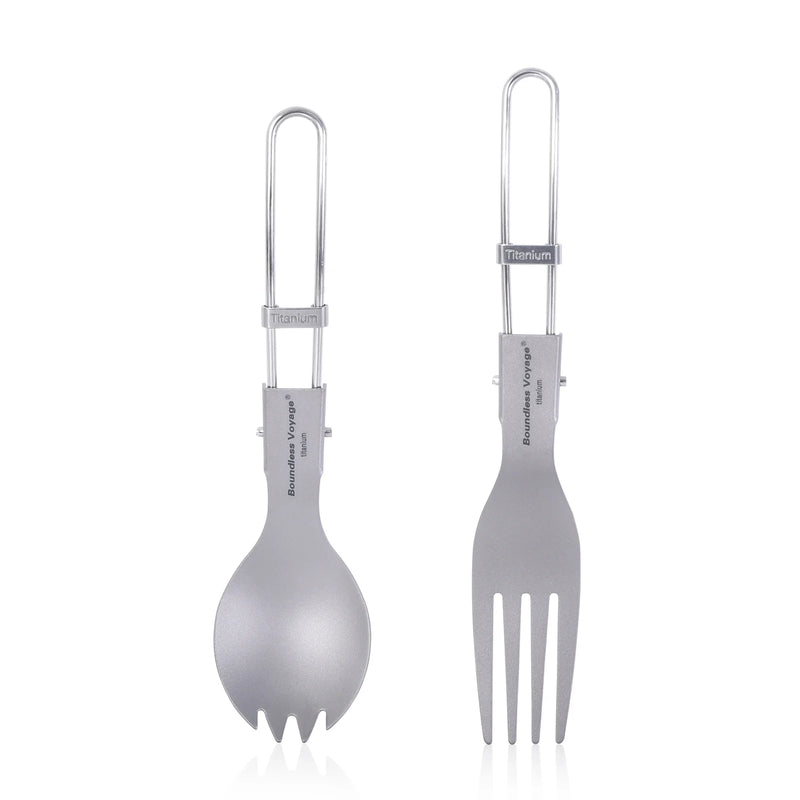 Load image into Gallery viewer, Titanium Folding Spork Fork Spoon Set | Camping Cutlery | Lightweight Outdoor Flatware Kit
