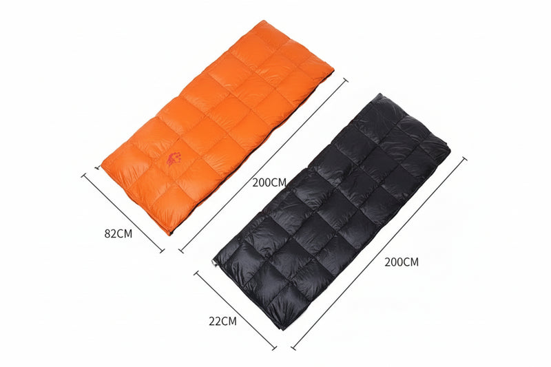 Load image into Gallery viewer, Orange and black sleeping bags with dimensions and specifications on a white background

