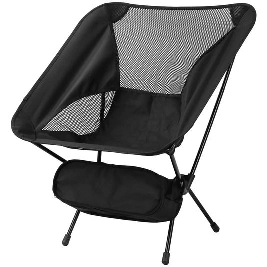 Black camping chair with mesh back on a white background