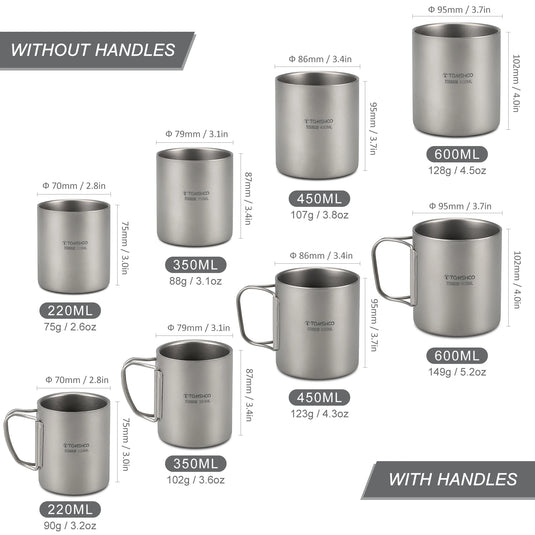 Double Wall Titanium Camp Cup | 220ml–600ml Insulated Coffee Tea Mug | Outdoor Hiking Backpacking