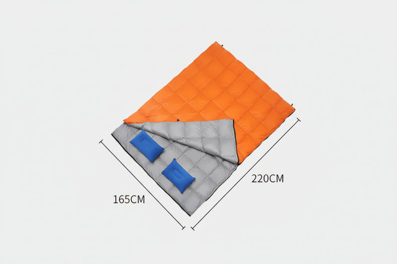 Load image into Gallery viewer, Jungle King outdoor envelope sleeping bag with product information on a white background
