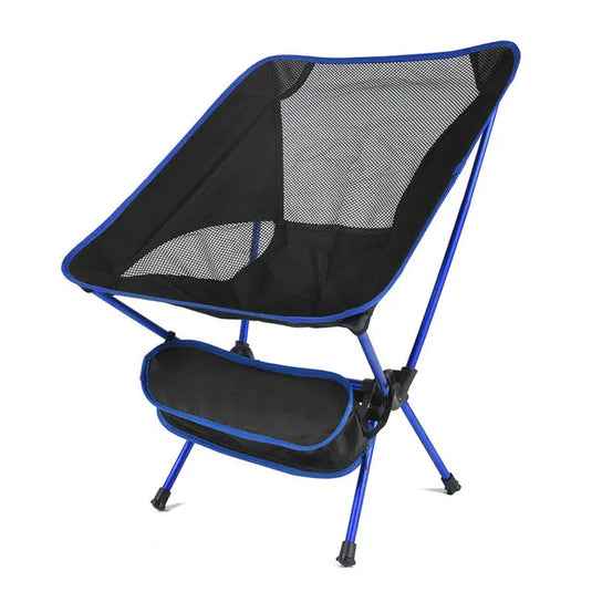 Black and blue camping chair on a white background