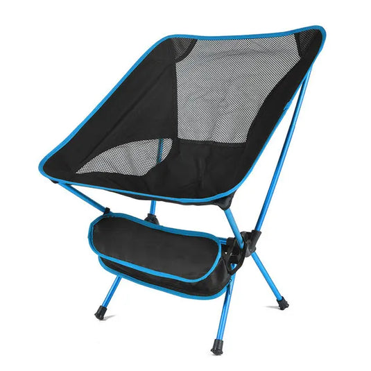 Black and blue camping chair on a white background