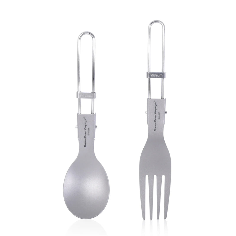Load image into Gallery viewer, Titanium Folding Spork Fork Spoon Set | Camping Cutlery | Lightweight Outdoor Flatware Kit
