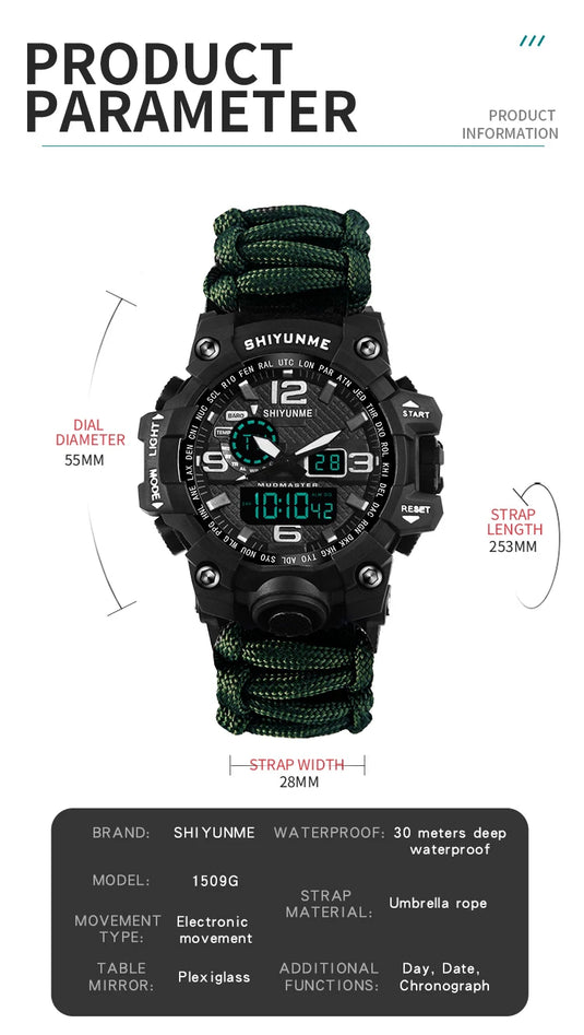 Outdoor Survival Watch Multifunctional Waterproof Military Tactical Paracord Watch Bracelet Camping Hiking Emergency Gear