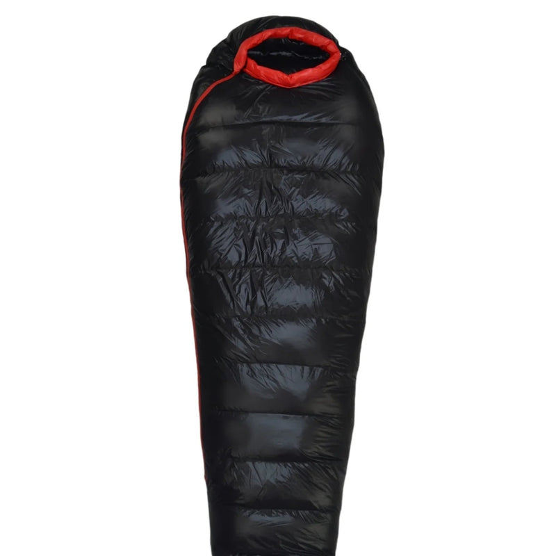 Load image into Gallery viewer, Black sleeping bag with red interior on a white background
