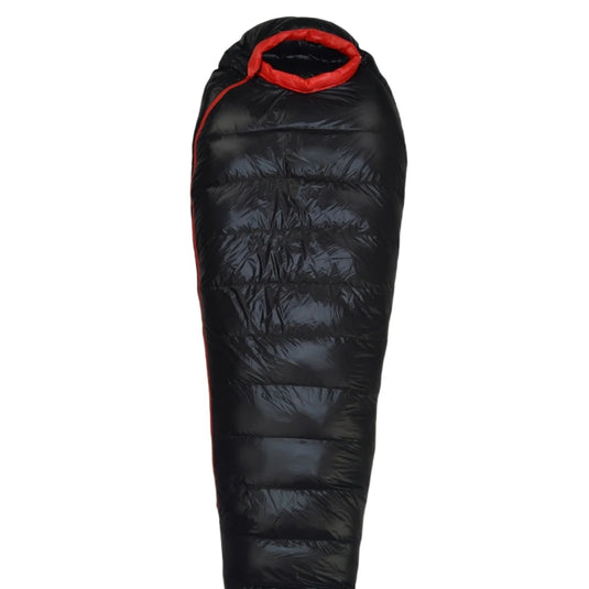 Black sleeping bag with red interior on a white background