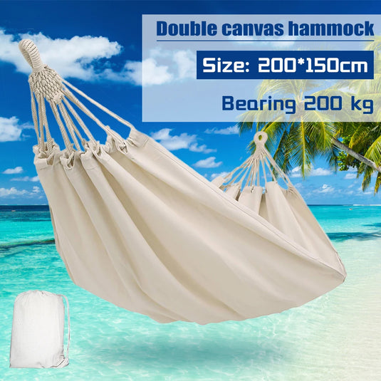 White Canvas Camping Hammock – 150×190cm Double Swing Bed (No Stick Design)