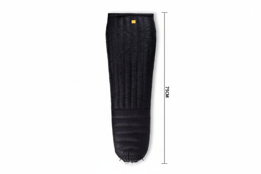 Black sleeping bag with product details and Alpine Guest branding on a white background