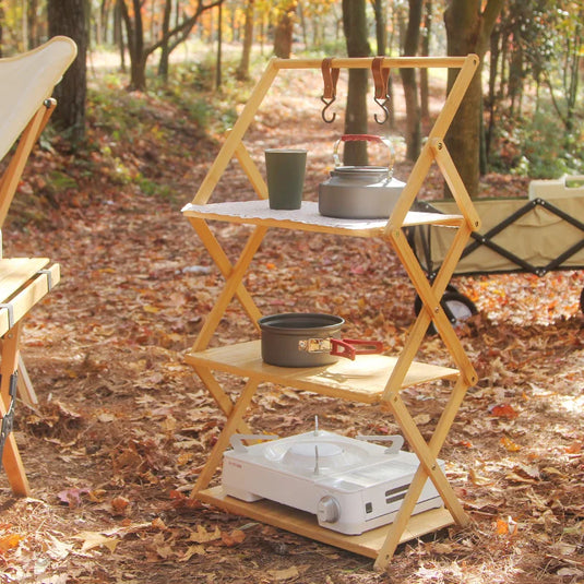 Bamboo Folding Camping Storage Rack | Multi-Layer Portable Outdoor Shelf | Foldable Camp Table