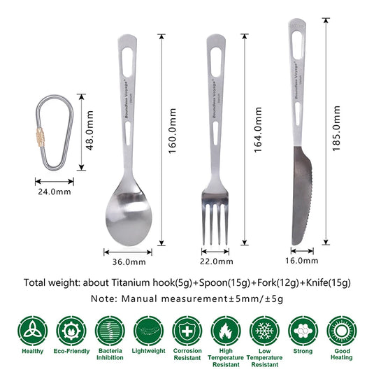 Boundless Voyage Titanium Camping Utensil Set – Lightweight 3-Piece Knife, Fork Spoon with Portable Bag
