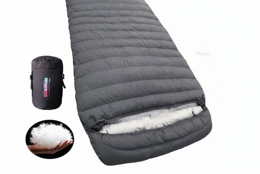 Dark grey sleeping bag with 3000g duck down filling, including a black carrying bag and close-up of down filling.