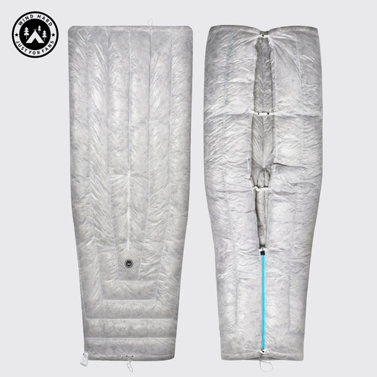 Gray leg warmers with a blue zipper on a light gray background, featuring a brand logo in the corner.