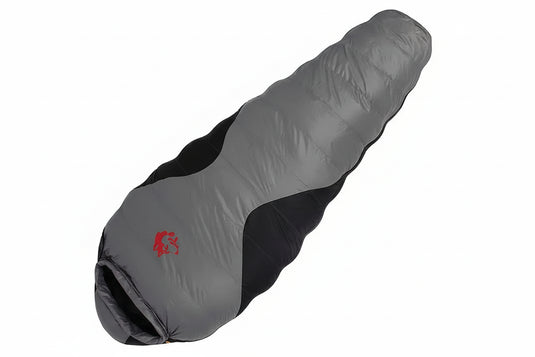 Gray sleeping bag with black interior on a white background