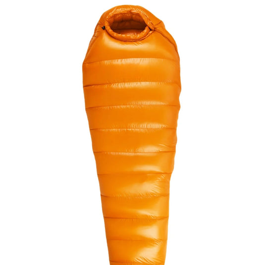 Orange sleeping bag on a white background with text indicating weight and filling.