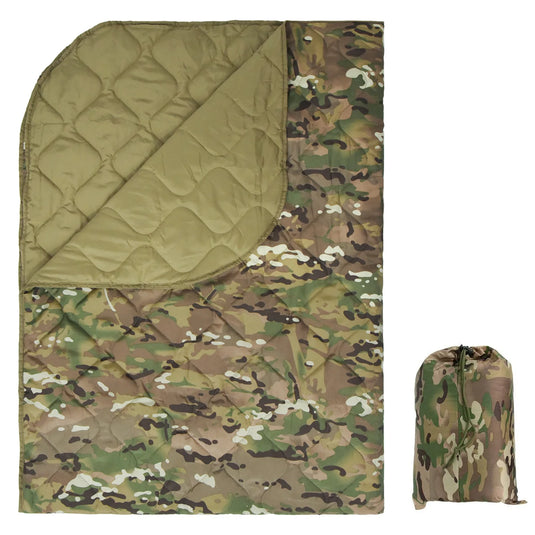 Camouflage quilt with a drawstring bag on a white background
