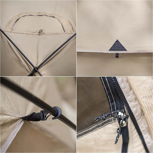 Collage of close-up details of a beige tent with black zippers and hardware.