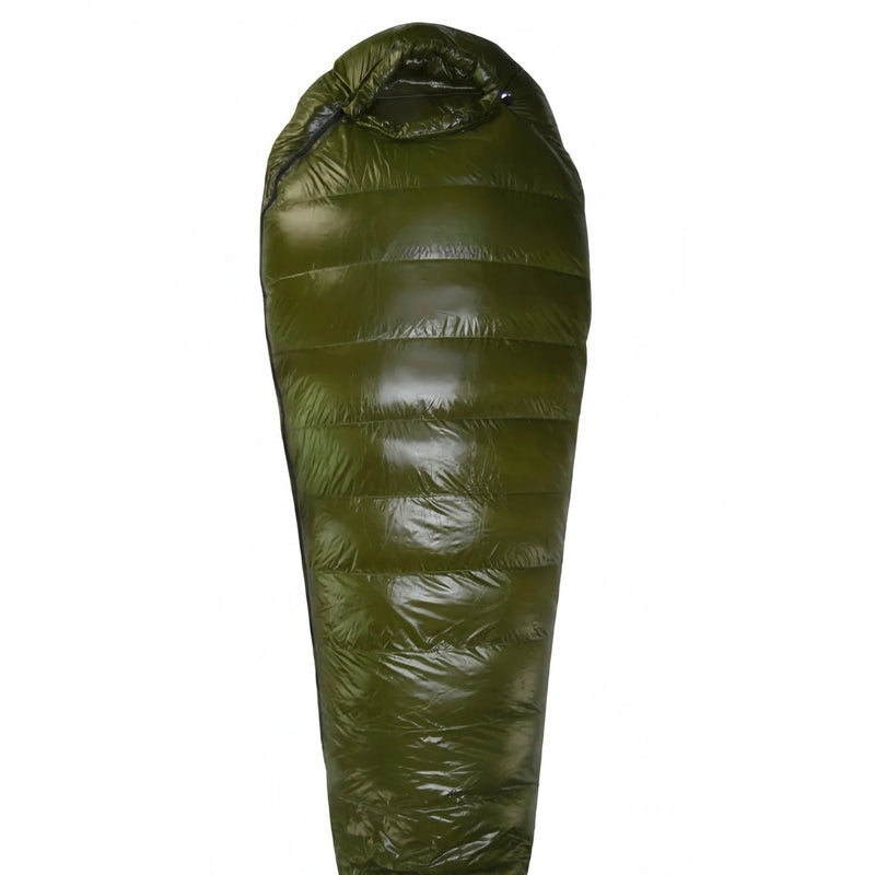 Load image into Gallery viewer, Green sleeping bag with text indicating velvet filling weight and sleeping bag weight on a white background

