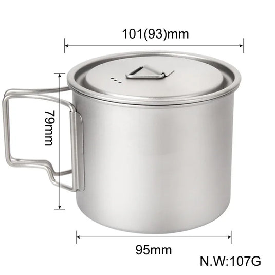 Stainless steel camping mug with dimensions and weight displayed