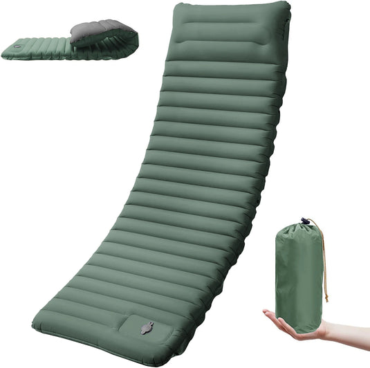 Green inflatable camping mattress with a carrying bag on a white background