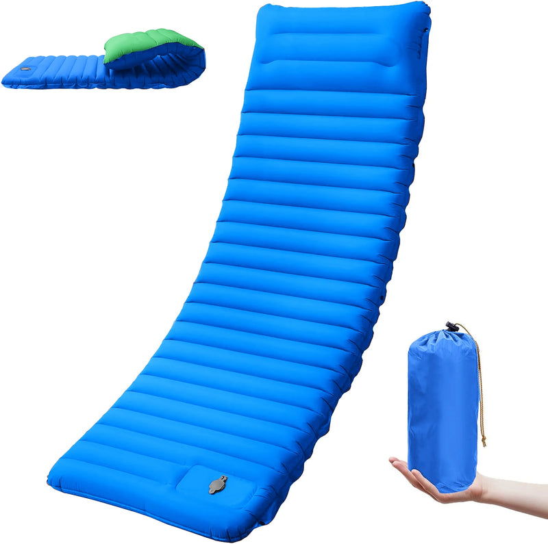 Load image into Gallery viewer, Blue inflatable camping mat with a hand holding its carrying bag on a white background
