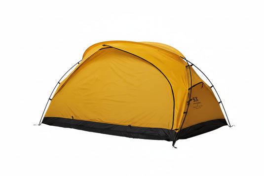 Yellow tent with SWS branding on a white background