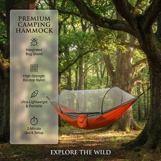 Orange camping hammock with features listed next to it in a forest setting