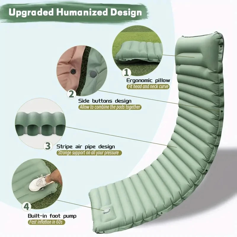 Load image into Gallery viewer, Inflatable camping mattress with features highlighted on a light blue background
