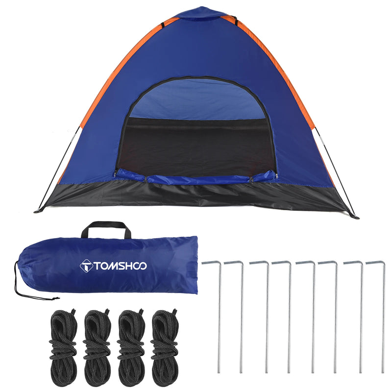 Load image into Gallery viewer, Blue and orange tent with accessories including ropes, stakes, and carrying bag on a white background
