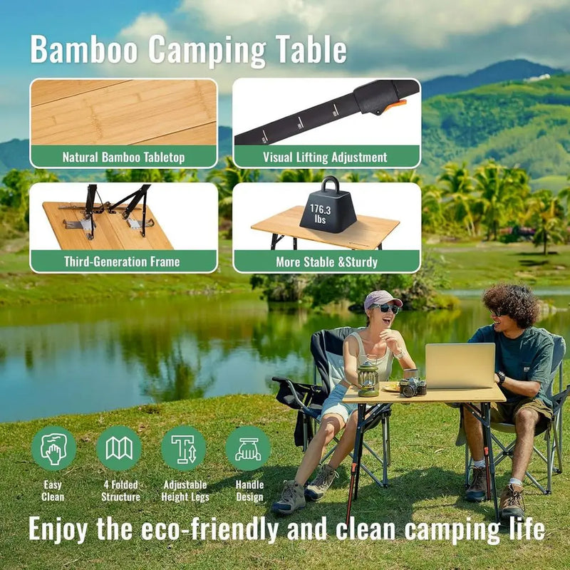 Load image into Gallery viewer, 4-Fold Bamboo Camping Table | Adjustable Height Aluminum Frame | Portable Outdoor RV Picnic Table
