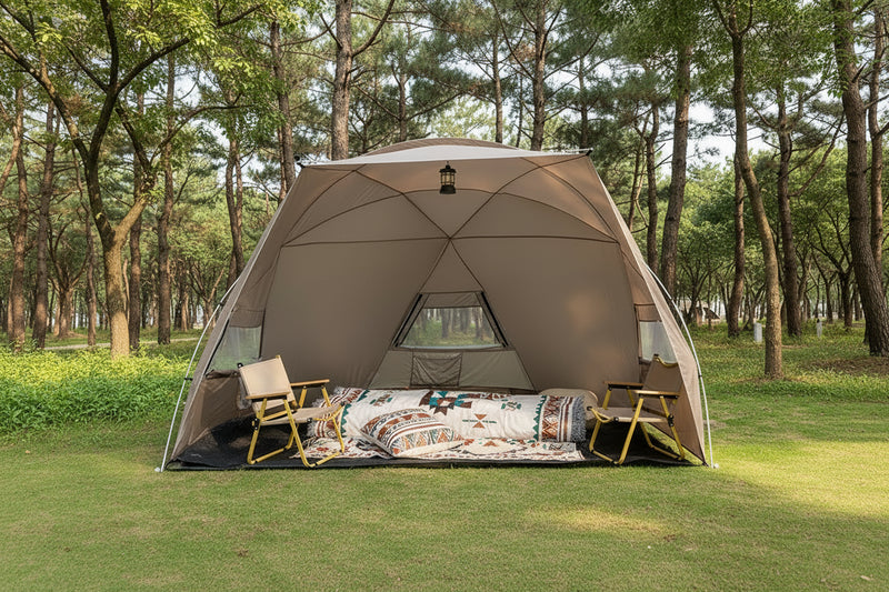 Load image into Gallery viewer, Large beach canopy tent for 4-8 people set up at the shoreline with aluminum pole frame
