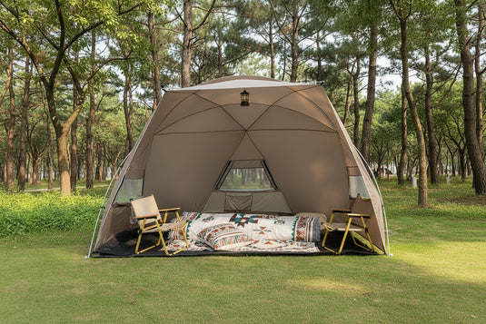 Large beach canopy tent for 4-8 people set up at the shoreline with aluminum pole frame
