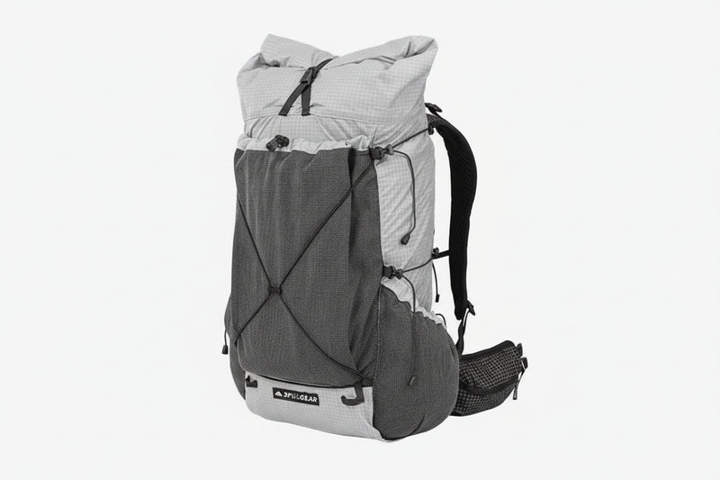 Load image into Gallery viewer, Gray outdoor backpack with brand logo and product details on a white background

