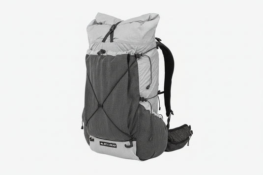 Gray outdoor backpack with brand logo and product details on a white background