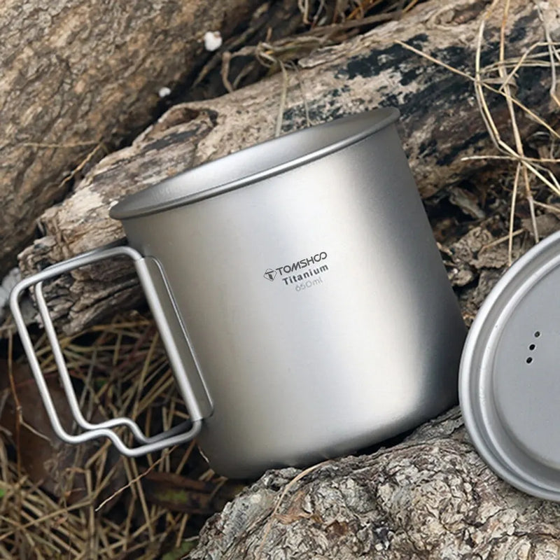 Load image into Gallery viewer, Titanium Camping Cup Mug Set | 450ml &amp; 750ml Ultralight Outdoor Cup | Foldable Handle Camp Mug
