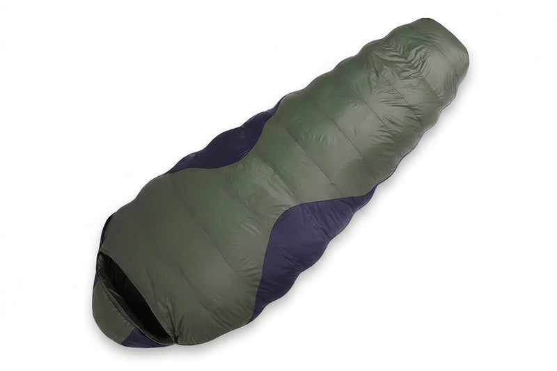 Load image into Gallery viewer, Green and purple sleeping bag with specifications on a white background
