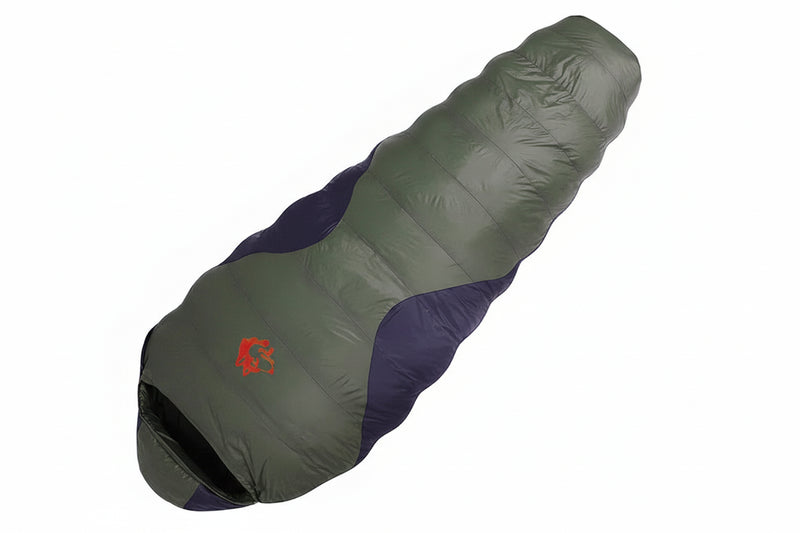 Load image into Gallery viewer, Green and purple sleeping bag with specifications on a white background
