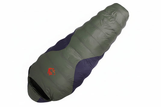 Green and purple sleeping bag with specifications on a white background
