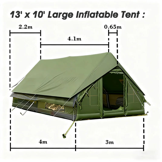 Green inflatable tent with dimensions labeled on a white background
