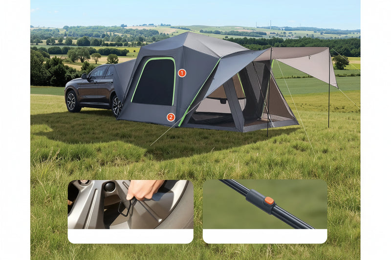 Load image into Gallery viewer, Camping tent with upgraded wind protection features in a grassy field.

