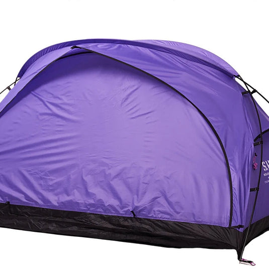 Purple camping tent with SWS branding on a white background
