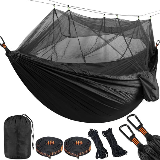 Black hammock with mosquito netting and features highlighted on a white background