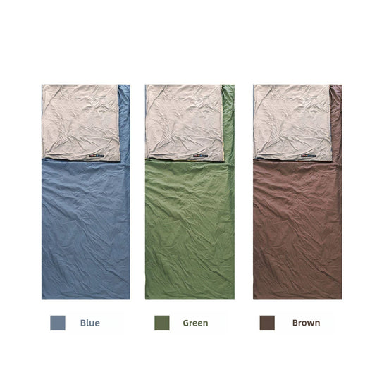 Three sleeping bags in blue, green, and brown colors on a white background.