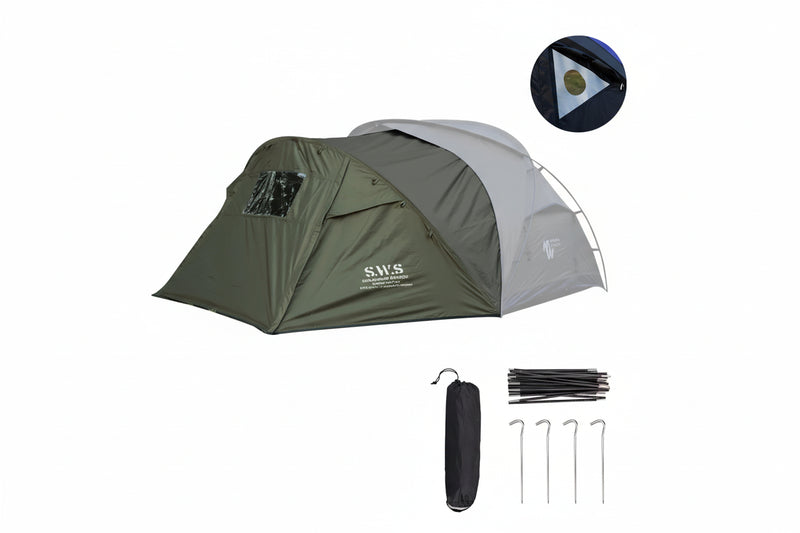 Load image into Gallery viewer, Green and gray tent with SWS branding, including accessories on a white background.
