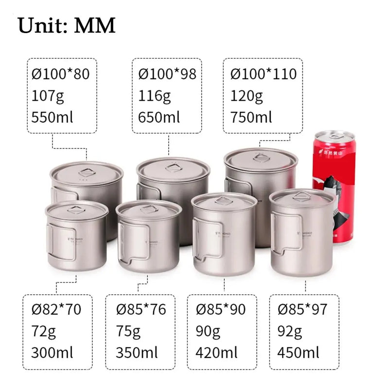Load image into Gallery viewer, Titanium Camping Cup Mug Set | 450ml &amp; 750ml Ultralight Outdoor Cup | Foldable Handle Camp Mug
