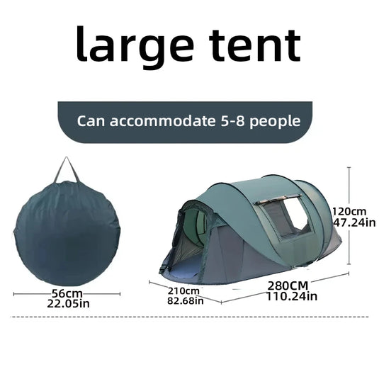 Large tent with dimensions and capacity information on a white background