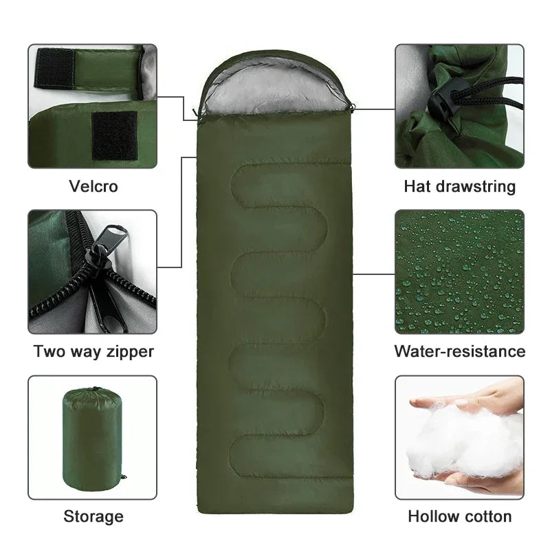 Load image into Gallery viewer, Green sleeping bag with features highlighted on a white background
